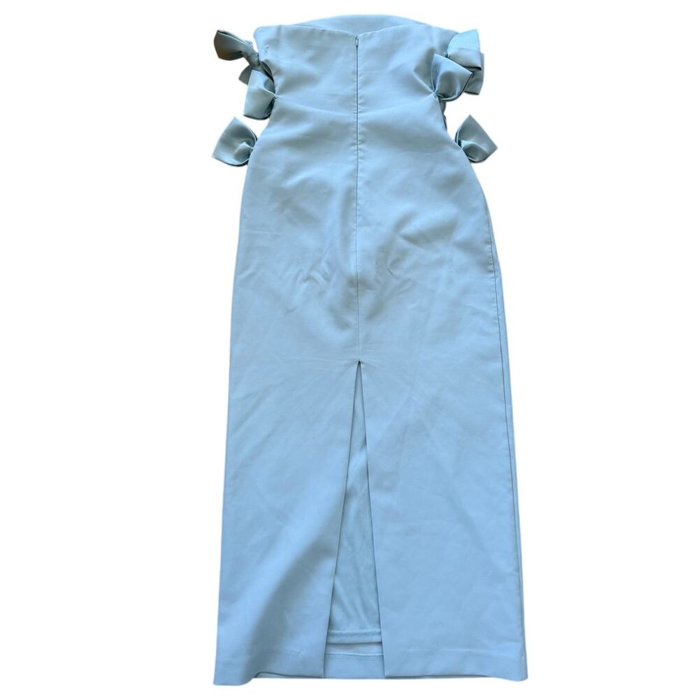 Zara "Sea Green" Blue Strapless Cut Out Satin Bow Column Sheath Dress - Picture 4 of 10